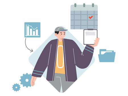 Discipline icon plan schedule balancing task and activities character manage activities preparing his dayのイラスト素材