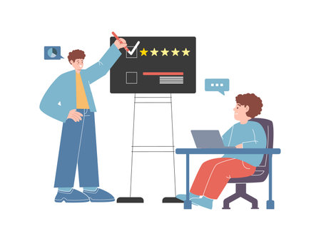 quality work together review team-mate performance company discuss check mark on blackboard teacher give rating to studentのイラスト素材