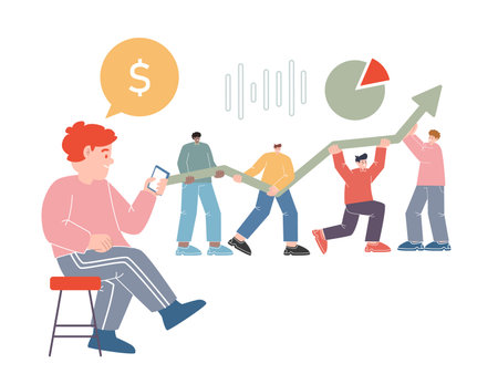 make investment gain earning money invest expert working together graph graphic chart characters maintain chart performanceのイラスト素材