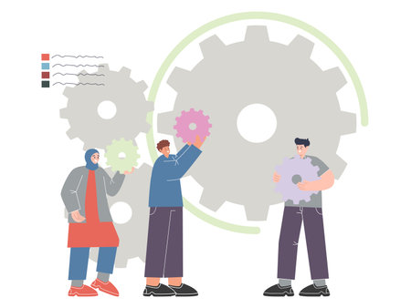dedicated team work together discussion sharing mind gear enthusiasm progress partner team mate cooperation job communication illustration icon designのイラスト素材