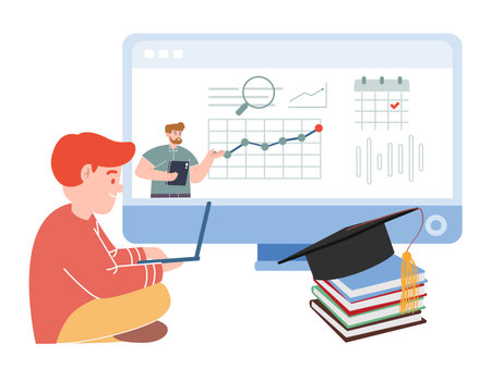 online course school tutor online web webinar e-leaning distance study digital mentoring technology design icon illustrationのイラスト素材