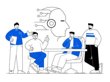 Team discuss AI artificial intelligence head robot illustration of teamwork brainstorming pose in meeting office simple black and blue two colorのイラスト素材