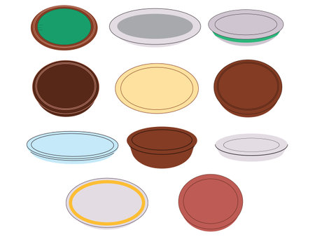 Plates container kitchen tableware ceramic wooden utensil porcelain material colorful decorative plate design icon set collectionのイラスト素材