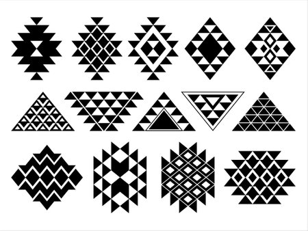 Traditional geometric abstract shape style native American Aztec African Mexican Navajo Indian tribes culture pattern ornamental element tradition decorative design icon set collection black colorのイラスト素材