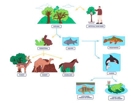 Types of ecosystem swamp desert ocean underwater environment natural ecology habitat frog fishes orca whale deer camel horse rabbit human man character plants illustrationのイラスト素材