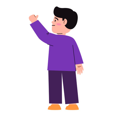 Rear view back view of character waving say hi character wear purple clothes illustrationのイラスト素材