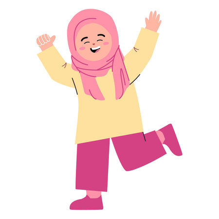Arab girl wearing hijab veil happy kids yellow and pink casual say hi cartoon white backgroundのイラスト素材