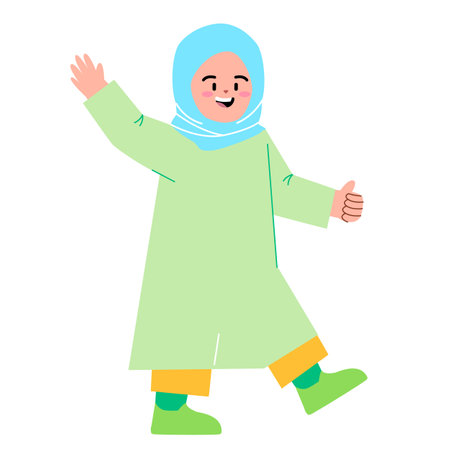 Girl children waving happy greetings colorful character of beautiful adorable Arab girl wearing hijab veilのイラスト素材