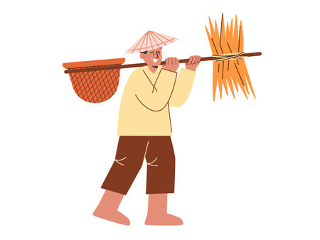 Farmer bring paddy dry rice hay straw and basket peasant with hat working flat illustration cartoon agricultural farming harvestingのイラスト素材