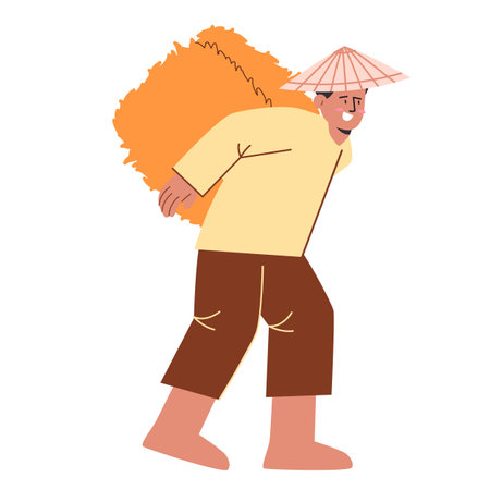 Farmer bring pile of hay straw paddy rice farming harvesting peasant with hat working flat illustration cartoonのイラスト素材