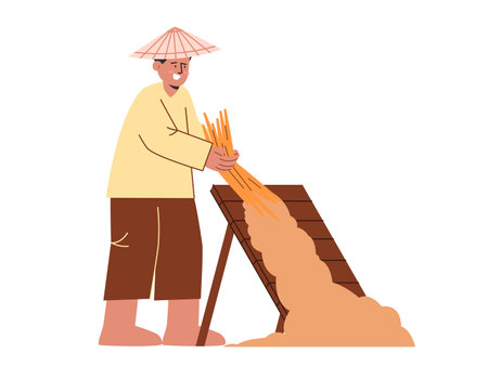 Harvesting separate hay from rice grain farmer flat illustration cartoon agricultural farming activities manual traditional methodのイラスト素材