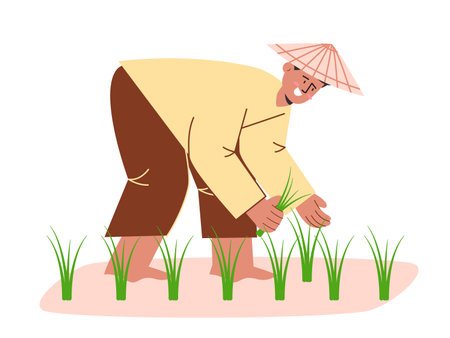 Planting paddy rice plant farmer traditional farming wearing hat working flat illustration cartoon agricultural activities in fieldのイラスト素材