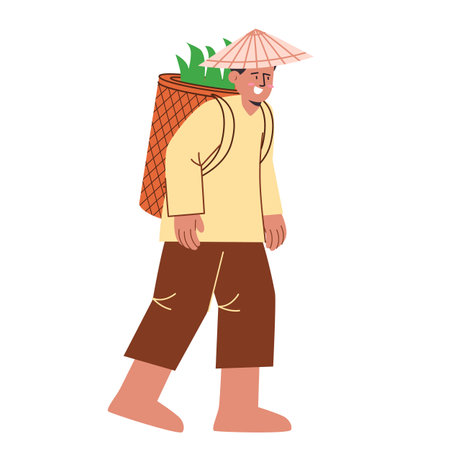 Farmer walking bring woven basket wearing hat working flat illustration cartoon agricultural farming activitiesのイラスト素材