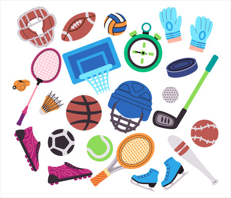 sports collection object icon set from soccer basket ball tennis golf ice skating to shoes helmet and gloves equipment colorfulのイラスト素材
