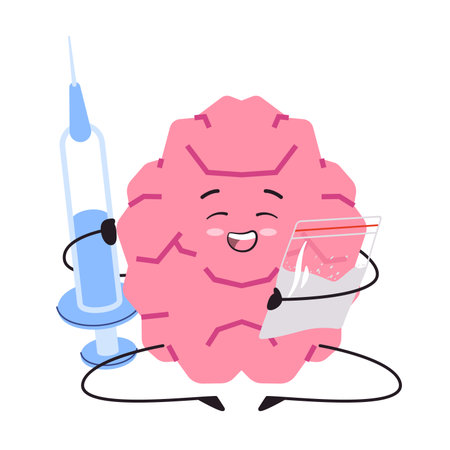 Brain addiction morphine addiction narcotic addicted character adorable cute of organ anatomical with facial expressionのイラスト素材