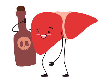 Liver poisoning alcoholic toxins drink addiction hepatic unhealthy character adorable cute of organ anatomical with facial expressionのイラスト素材