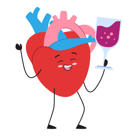 Heart drinking red wine character adorable cute of organ anatomical with facial expression alcohol addictionのイラスト素材