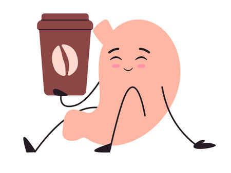stomach stomachache drinking coffee character adorable cute of organ anatomical with facial expression digestive sicknessのイラスト素材