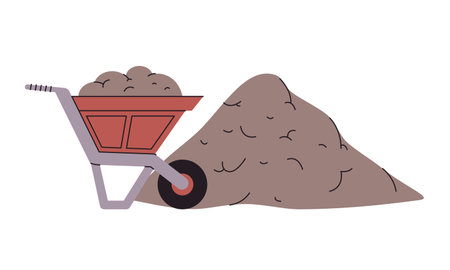 wheelbarrow filled with a greyish-brown material soil or sand next to pile of material suggests construction gardening landscapingのイラスト素材