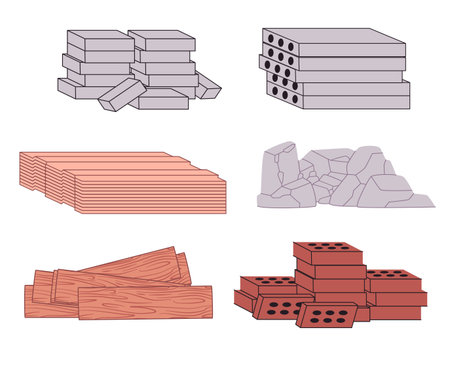 various construction materials including stacks of grey bricks concrete blocks wood planks rocks or stonesのイラスト素材