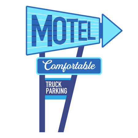 blue motel sign with a large MOTEL text and an arrow indicating Comfortable rooms and TRUCK PARKING availabilityのイラスト素材