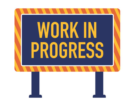 Work in Progress bold road sign with a dark blue background framed by orange yellow diagonal stripes ongoing construction or development aheadのイラスト素材