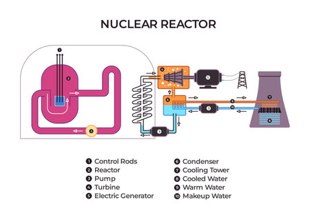 labeled diagram illustrating the components and operational flow of a pressurized water nuclear power reactor from the core to the cooling tower for energy generationのイラスト素材