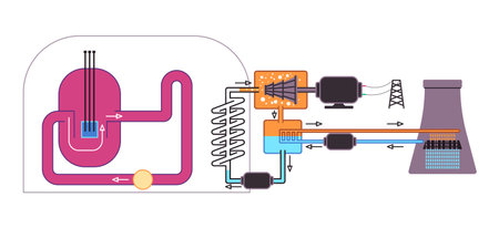 water nuclear power reactor illustration diagram from the core to the cooling tower for energy generationのイラスト素材