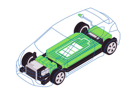 A translucent blue outline of an electric car reveals green internal components the battery pack and electric motor emphasizing the core technology electric vehiclesのイラスト素材