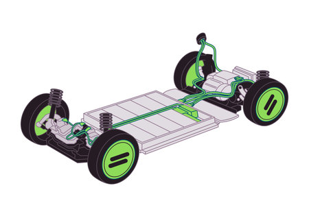 A simplified isometric view of electric vehicle chassis showcasing battery pack electric motors wheels suspension system illustrating the core mechanics of EVのイラスト素材