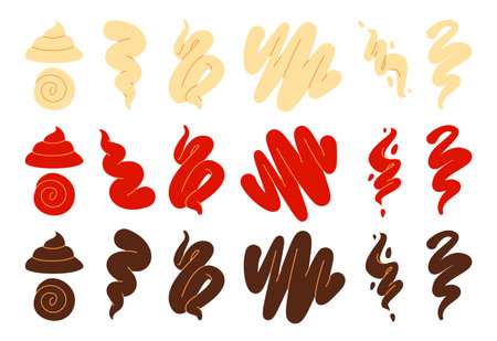 sauce or condiment swirls and spirals in various collection abstract shapes and textures on a white background in beige red and brown colorsのイラスト素材