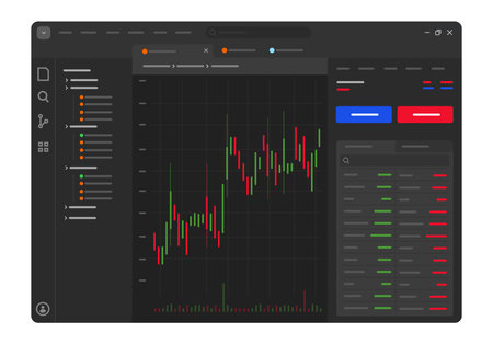 user interface for a stock trading platform showing a candlestick chart buy sell button financial technology and investment tools charting analysisのイラスト素材