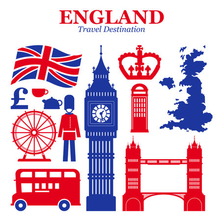 Collection of iconic symbols and landmark England UK United King includes the Big Ben Tower Bridge a red phone booth London bus guard flat style using Union Jack colorのイラスト素材