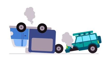 illustration of a two car collision blue truck flipped onto its side after a crash with a green SUV simple clean style with smoke effects vehicle accidents graphicのイラスト素材