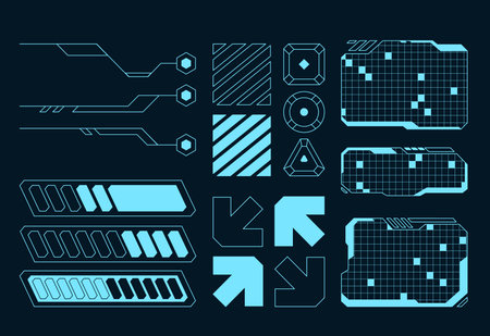 Geometric tech shapes arrows hexagons loading bars area screen patterns. glowing blue on a dark background for modern futuristic technological UI designのイラスト素材