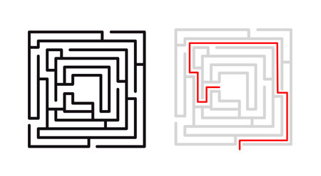complex square maze with a black outline and a separate version showing the solved path in red. A versatile graphic for problem-solving, games, and educational materialsのイラスト素材