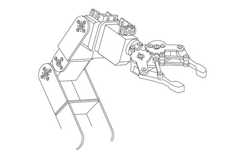 minimalist vector illustration of a robotic arm clean white outline design representing technology engineering and automation simple robot arm factoryのイラスト素材