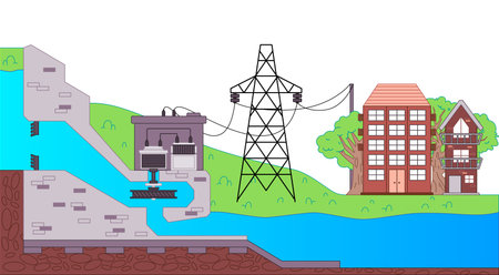Hydroelectric power plant cross section illustration showing the flow of water from a dam through a generator and the distribution of electricity to a nearby town, representing renewable energy and green powerのイラスト素材