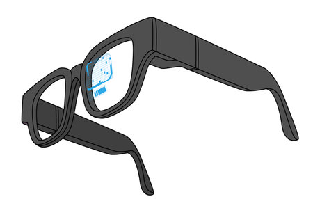 smart glasses displaying blue virtual keyboard notification window lens represents augmented reality AR virtual user interface wearable display technologyのイラスト素材