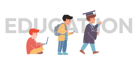 EDUCATION academic growth learning process vector illustration stages of education from child learning with laptop to student using smartphone and graduate in a capのイラスト素材