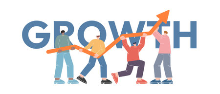 Team of diverse people working together to lift and raise arrow pointing upward symbolizing business growth success and positive results teamwork achievementのイラスト素材