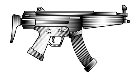submachine gun rifle vintage woodcut style vector illustration of automatic weapon firearm in black...