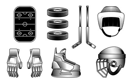 Ice hockey sport equipment vintage engraving illustration set rink pucks sticks helmets gloves and skates in black and white woodcutのイラスト素材