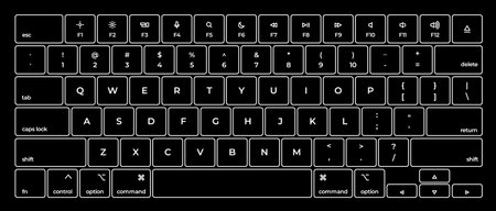 Vector illustration of modern computer laptop keyboard layout white outline on black background concept for typing coding and office work designのイラスト素材