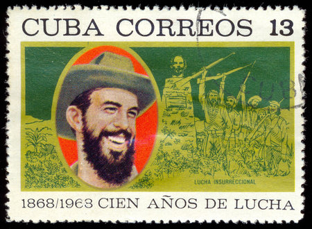 CUBA - CIRCA 1968: A stamp printed in Cuba shows portrait of Camilo Cienfuegos GorriarA?A?n, leader...