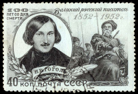 RUSSIA - CIRCA 1952: A stamp printed in USSR, shows portrait of Nikolai Gogol (1809-1852) Russian dramatist, novelist and short story writer.のeditorial素材