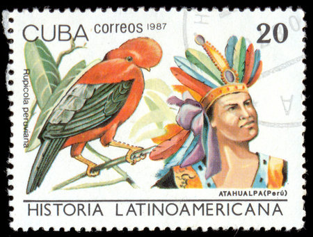 CUBA - CIRCA 1987: The postal stamp printed in CUBA shows Atahvalpa (Peru) and Rupicola peruviana, series History of Latin America, circa 1987のeditorial素材