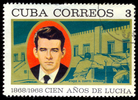 CUBA - CIRCA 1968: A stamp printed in Cuba shows portrait of Abel Santamaria, leader in the Cuban...