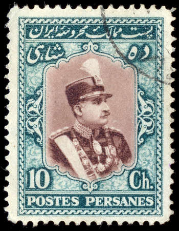 IRAN - CIRCA 1929: Stamp printed in Iran showing the portrait of the Iranian Shah, Reza Shah Pahlavi, circa 1929.のeditorial素材