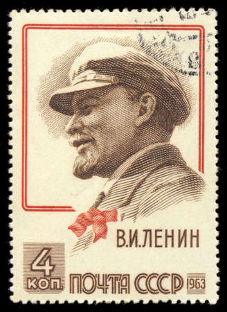 RUSSIA - CIRCA 1963: A stamp printed in USSR (Soviet Union), shows Vladimir Lenin (Ulyanov) portrait. 93rd anniversary of the birth of Lenin, circa 1963のeditorial素材